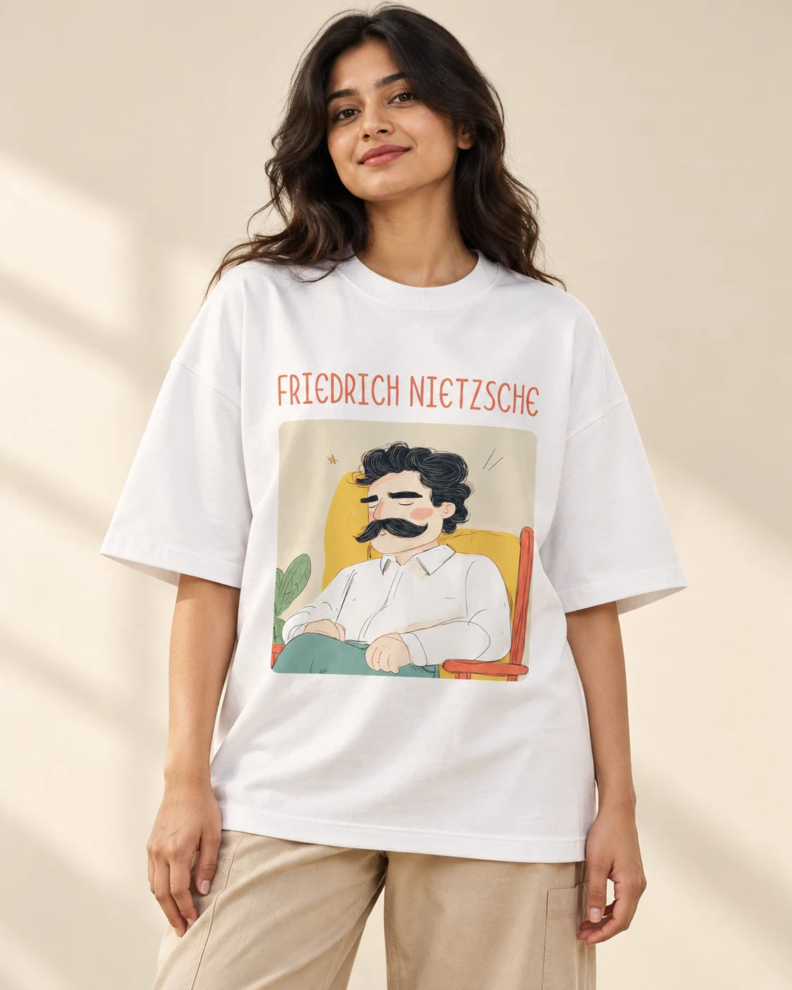Friedrich Nietzsche Genius Doodles oversized French terry T-shirt by Fourth Dimension Club, front view on model