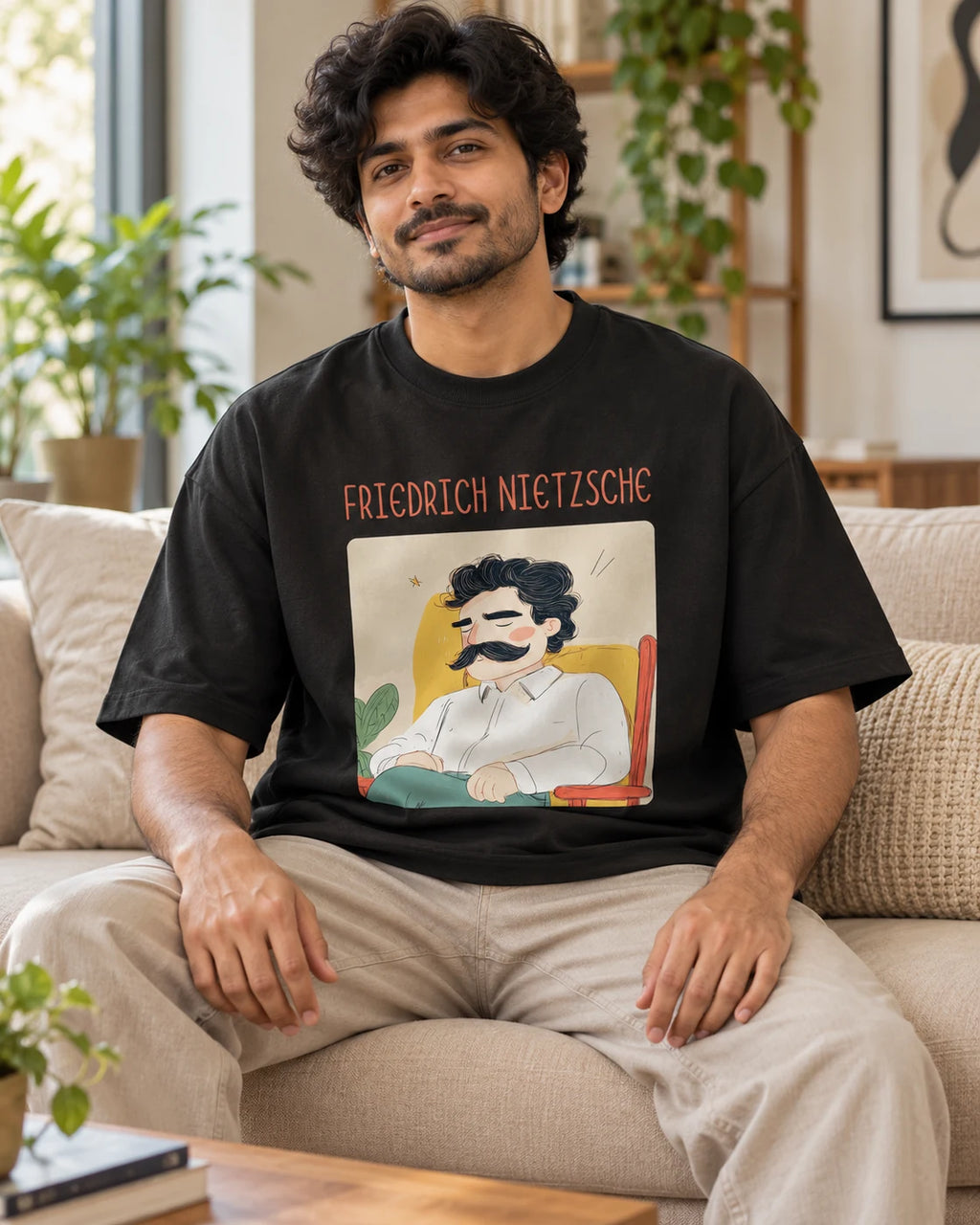 Model wearing the Friedrich Nietzsche Genius Doodles oversized French terry T-shirt by Fourth Dimension Club, seated on a sofa