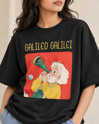 Close-up of the Galileo Galilei Genius Doodles print on an oversized French terry T-shirt