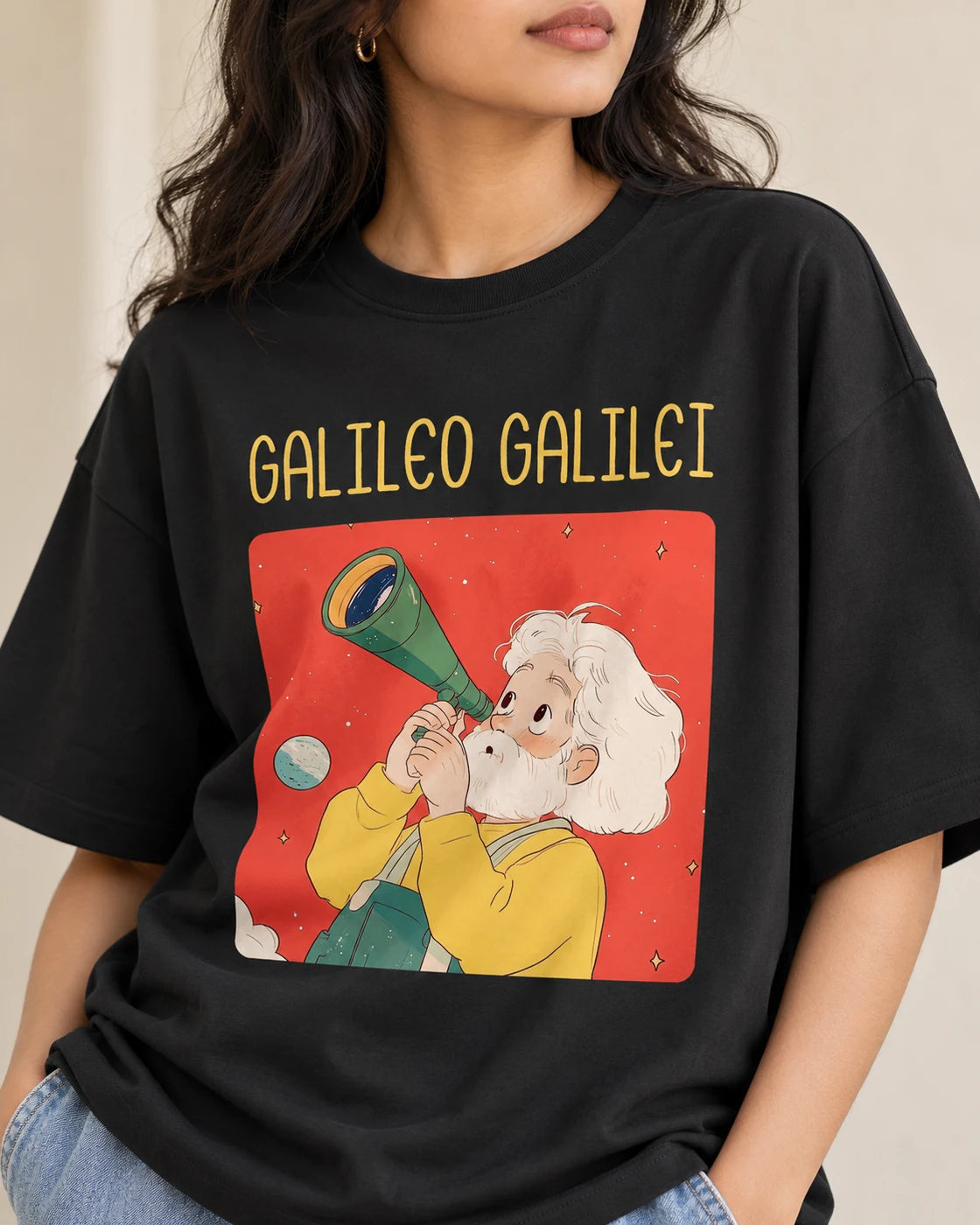 Close-up of the Galileo Galilei Genius Doodles print on an oversized French terry T-shirt