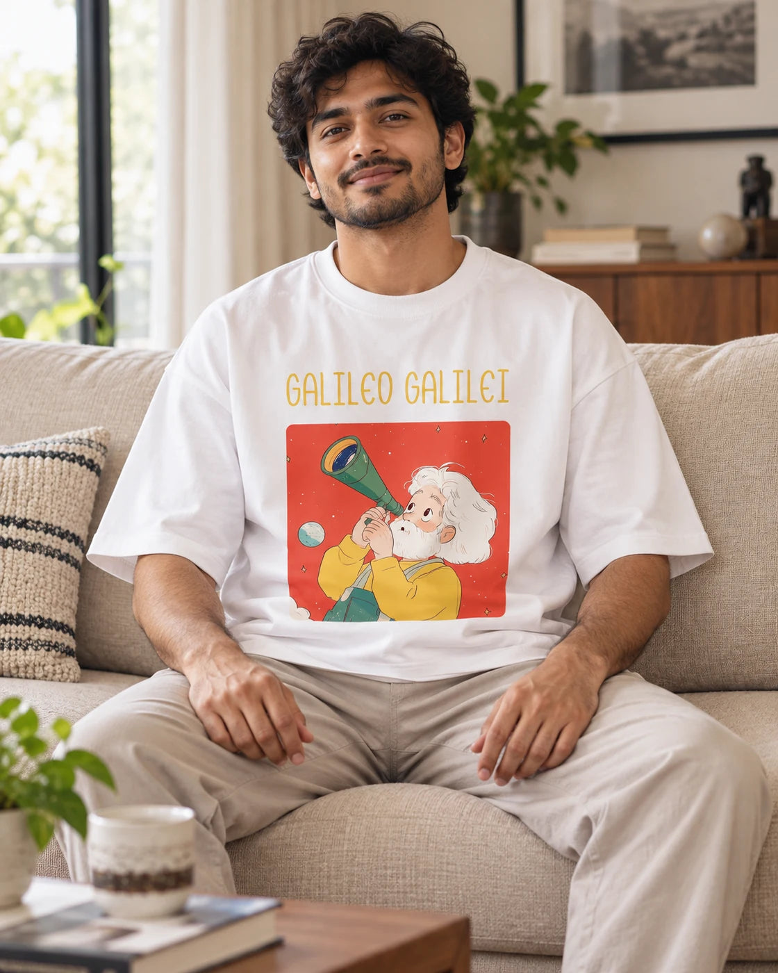 Model wearing the Galileo Galilei Genius Doodles oversized French terry T-shirt by Fourth Dimension Club, seated on a sofa