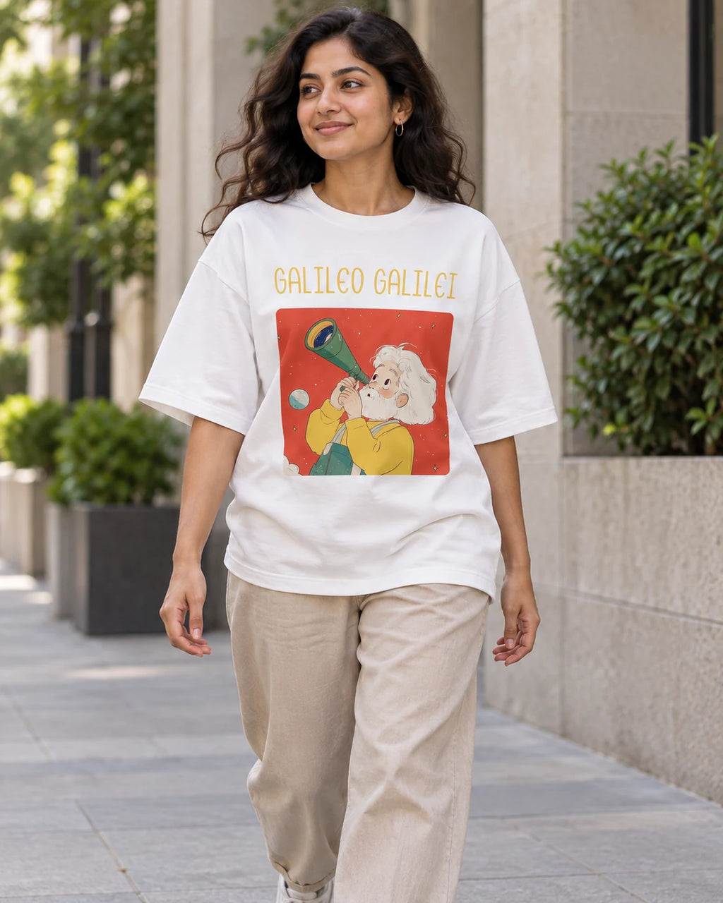 Model wearing the Galileo Galilei Genius Doodles oversized French terry T-shirt by Fourth Dimension Club on a city street