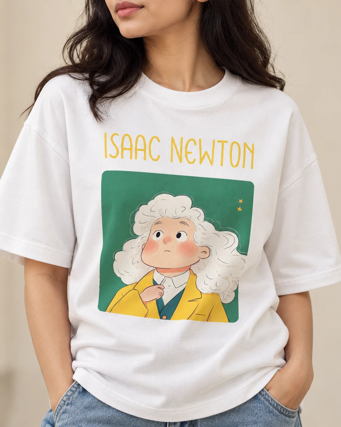 Close-up of the Isaac Newton Genius Doodles print on an oversized French terry T-shirt
