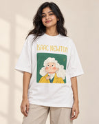 Isaac Newton Genius Doodles oversized French terry T-shirt by Fourth Dimension Club, front view on model