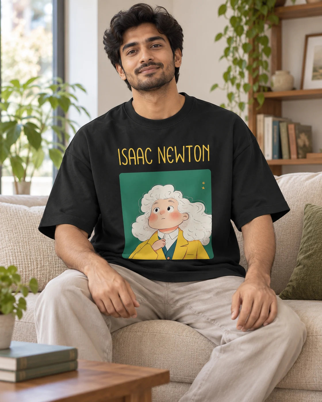 Model wearing the Isaac Newton Genius Doodles oversized French terry T-shirt by Fourth Dimension Club, seated on a sofa