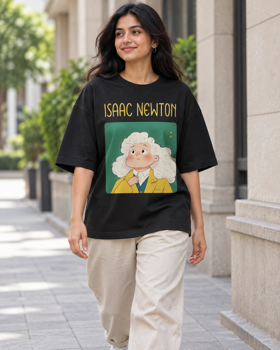 Model wearing the Isaac Newton Genius Doodles oversized French terry T-shirt by Fourth Dimension Club on a city street