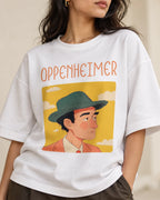 Close-up of the J. Robert Oppenheimer Genius Doodles print on an oversized French terry T-shirt