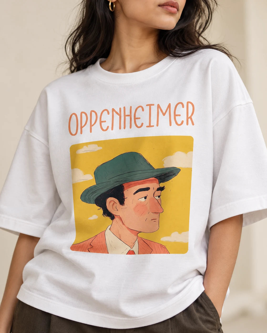 Close-up of the J. Robert Oppenheimer Genius Doodles print on an oversized French terry T-shirt