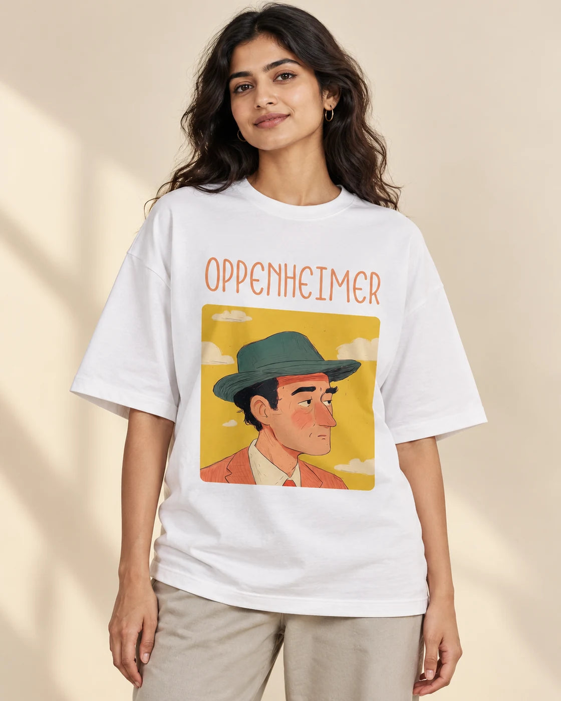 J. Robert Oppenheimer Genius Doodles oversized French terry T-shirt by Fourth Dimension Club, front view on model