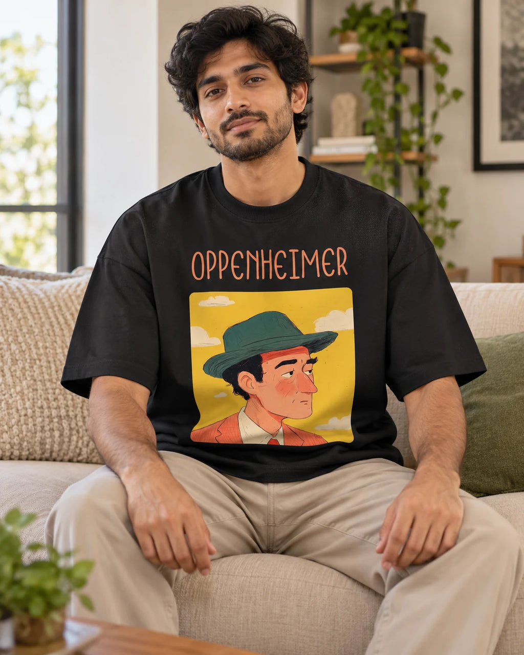 Model wearing the J. Robert Oppenheimer Genius Doodles oversized French terry T-shirt by Fourth Dimension Club, seated on a sofa