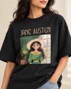 Close-up of the Jane Austen Genius Doodles print on an oversized French terry T-shirt