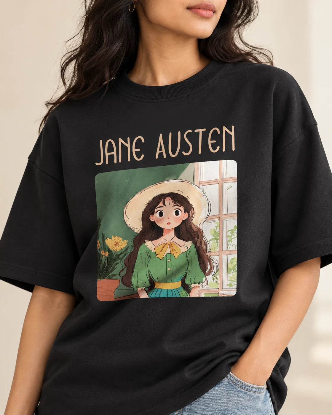 Close-up of the Jane Austen Genius Doodles print on an oversized French terry T-shirt