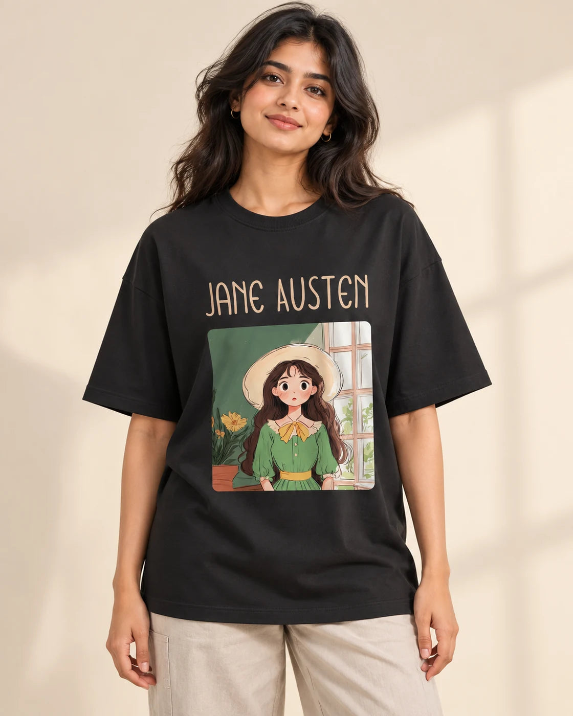 Jane Austen Genius Doodles oversized French terry T-shirt by Fourth Dimension Club, front view on model