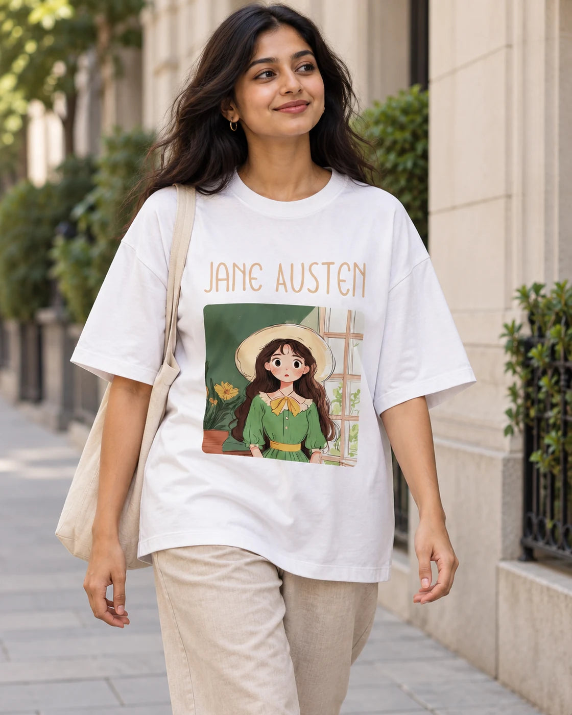 Model wearing the Jane Austen Genius Doodles oversized French terry T-shirt by Fourth Dimension Club on a city street
