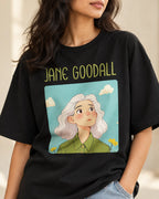 Close-up of the Jane Goodall Genius Doodles print on an oversized French terry T-shirt