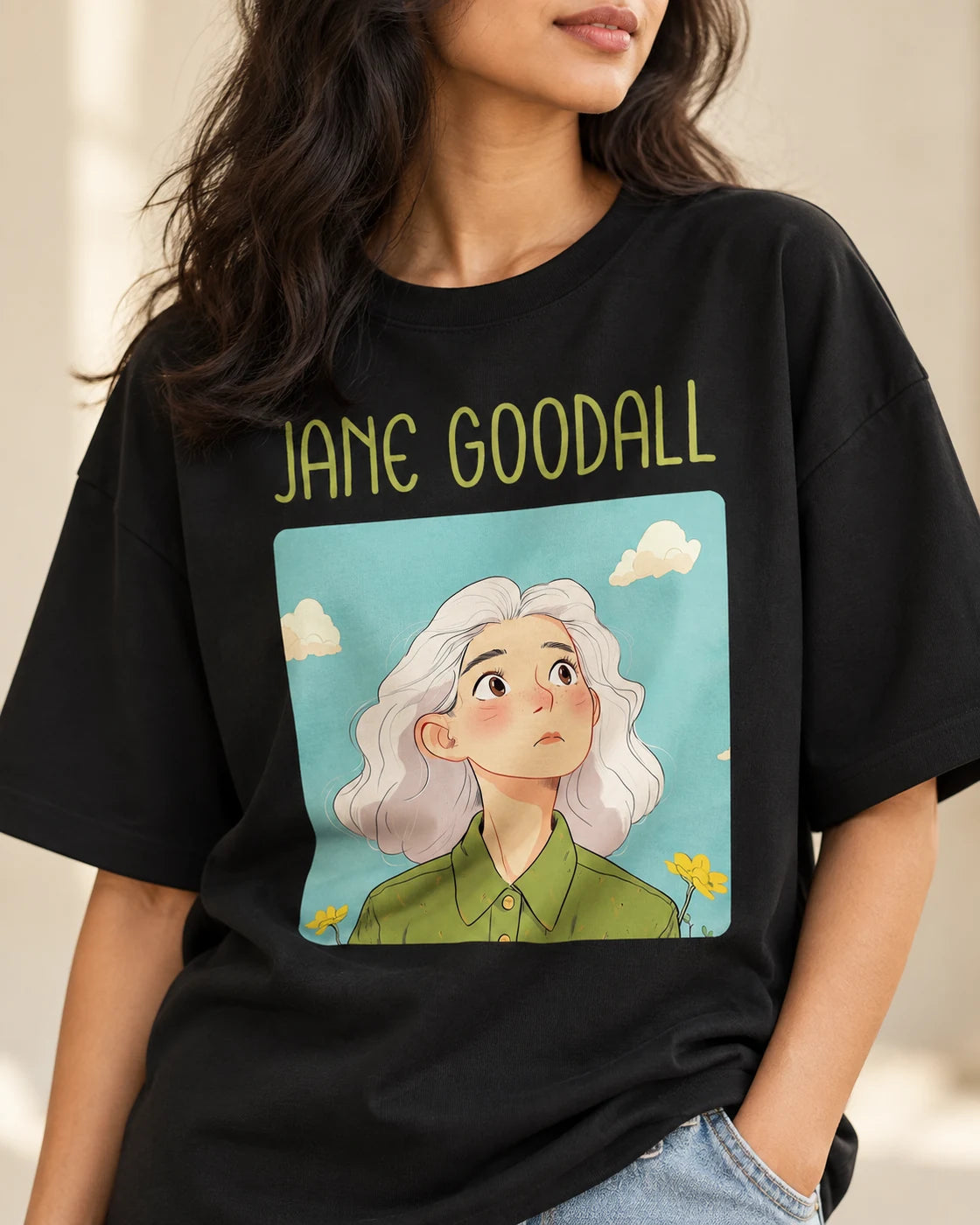 Close-up of the Jane Goodall Genius Doodles print on an oversized French terry T-shirt