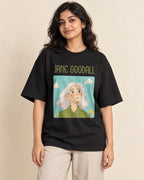 Jane Goodall Genius Doodles oversized French terry T-shirt by Fourth Dimension Club, front view on model