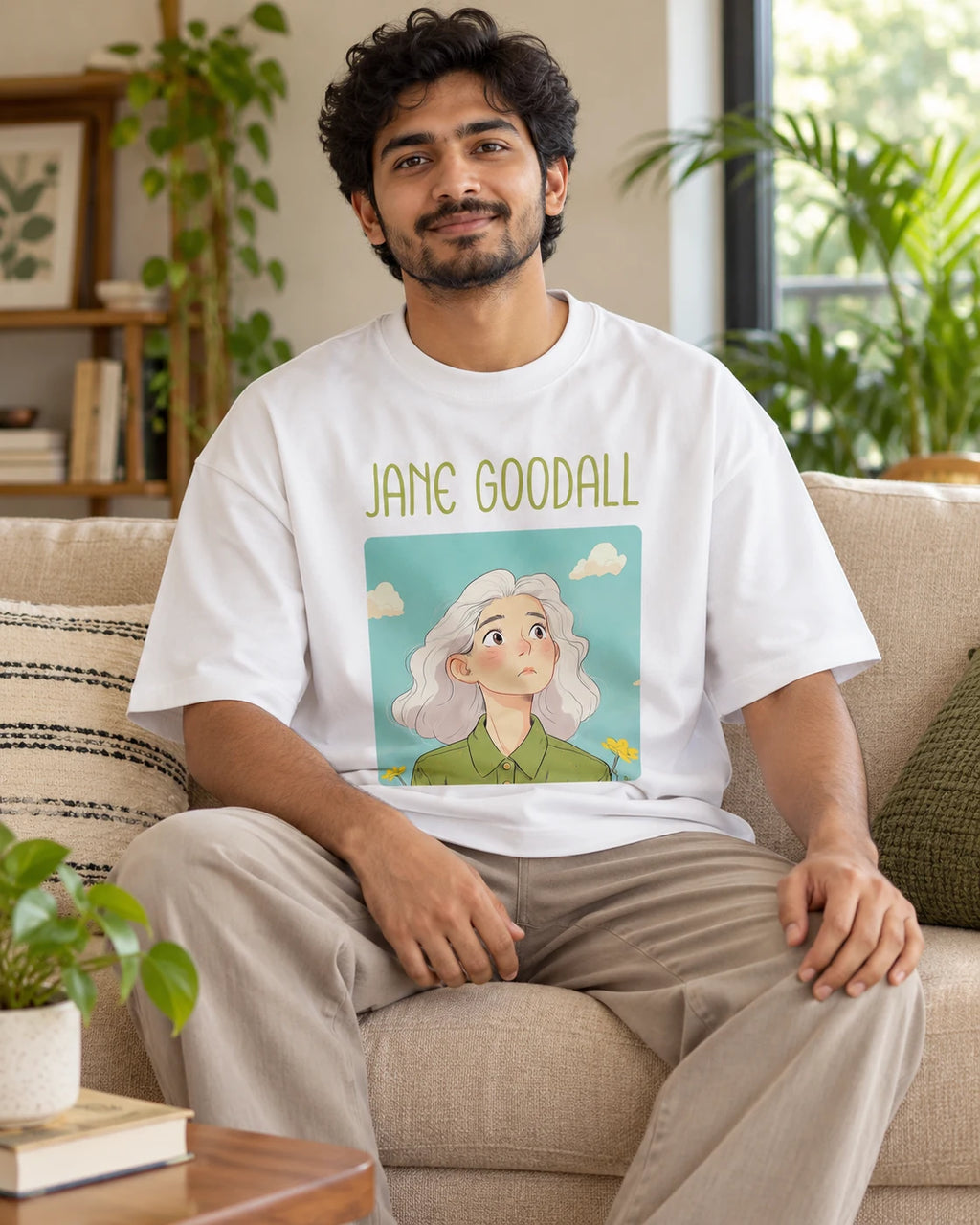 Model wearing the Jane Goodall Genius Doodles oversized French terry T-shirt by Fourth Dimension Club, seated on a sofa