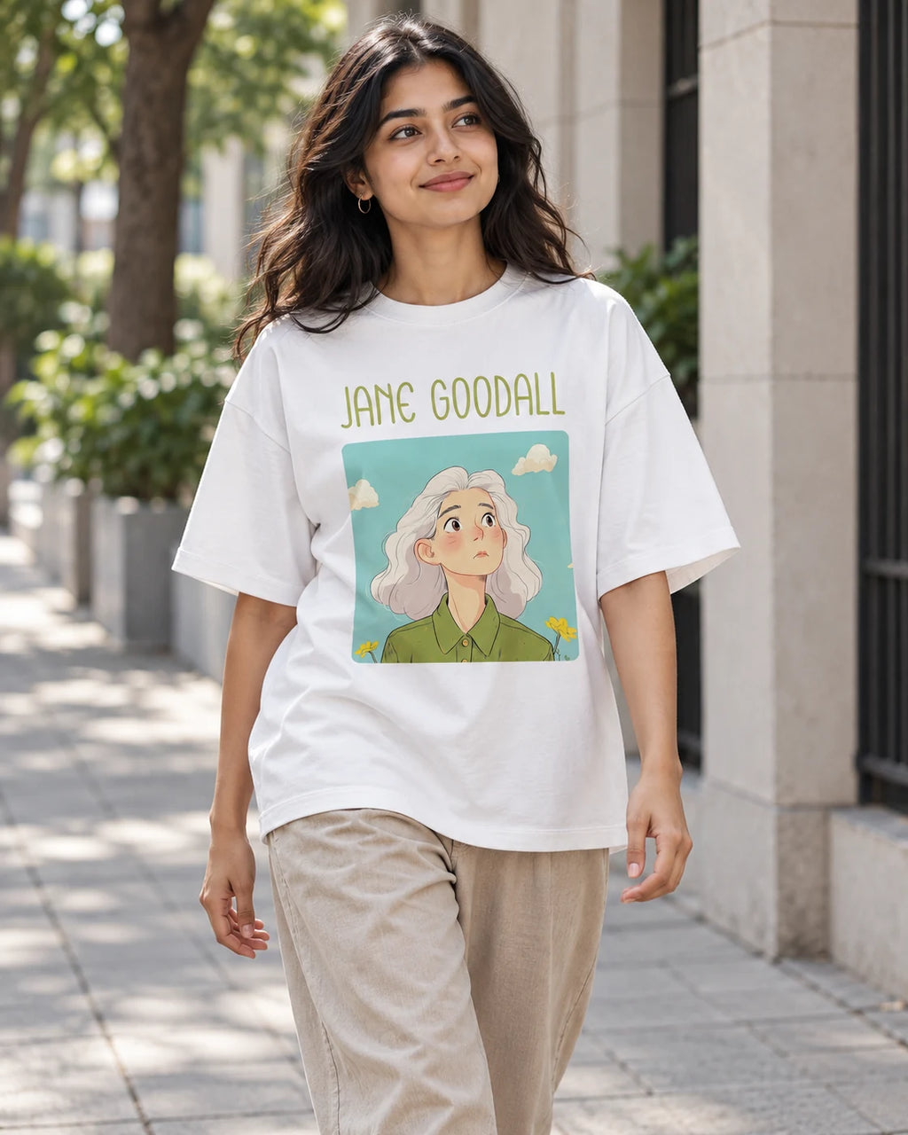 Model wearing the Jane Goodall Genius Doodles oversized French terry T-shirt by Fourth Dimension Club on a city street