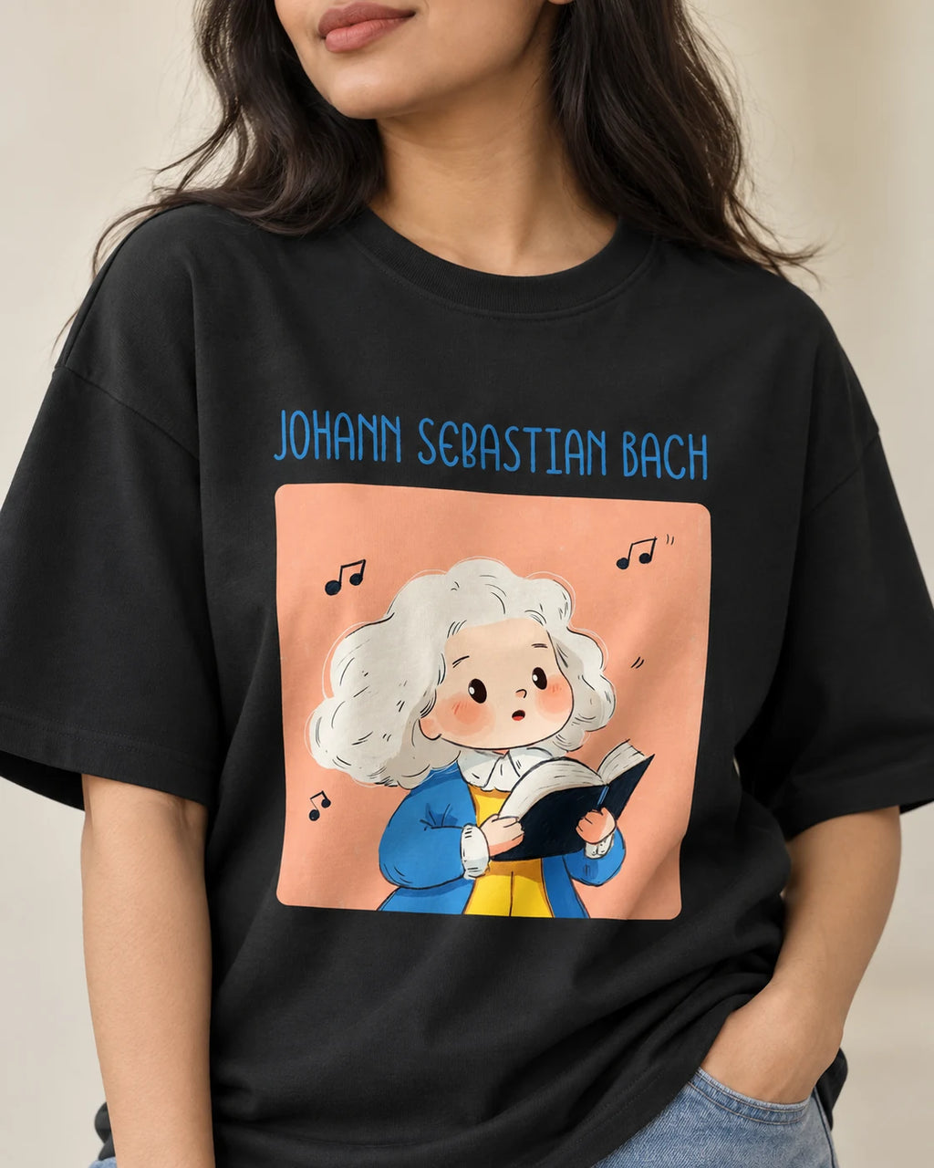 Close-up of the Johann Sebastian Bach Genius Doodles print on an oversized French terry T-shirt