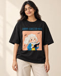 Johann Sebastian Bach Genius Doodles oversized French terry T-shirt by Fourth Dimension Club, front view on model