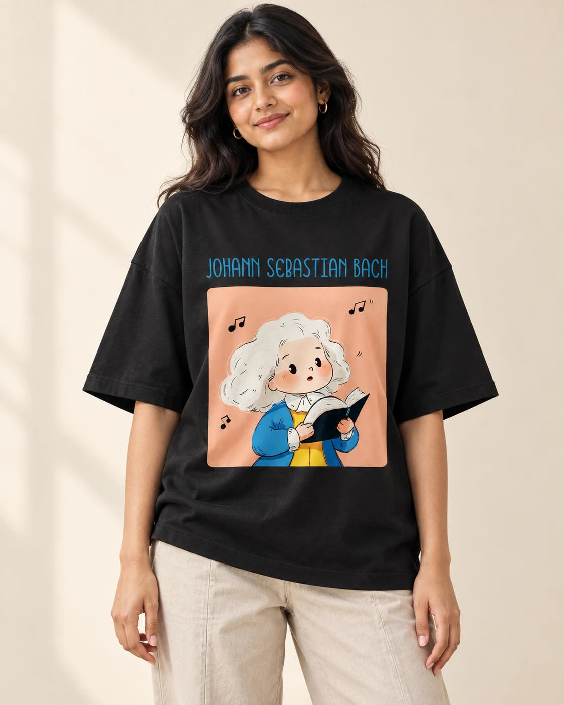 Johann Sebastian Bach Genius Doodles oversized French terry T-shirt by Fourth Dimension Club, front view on model