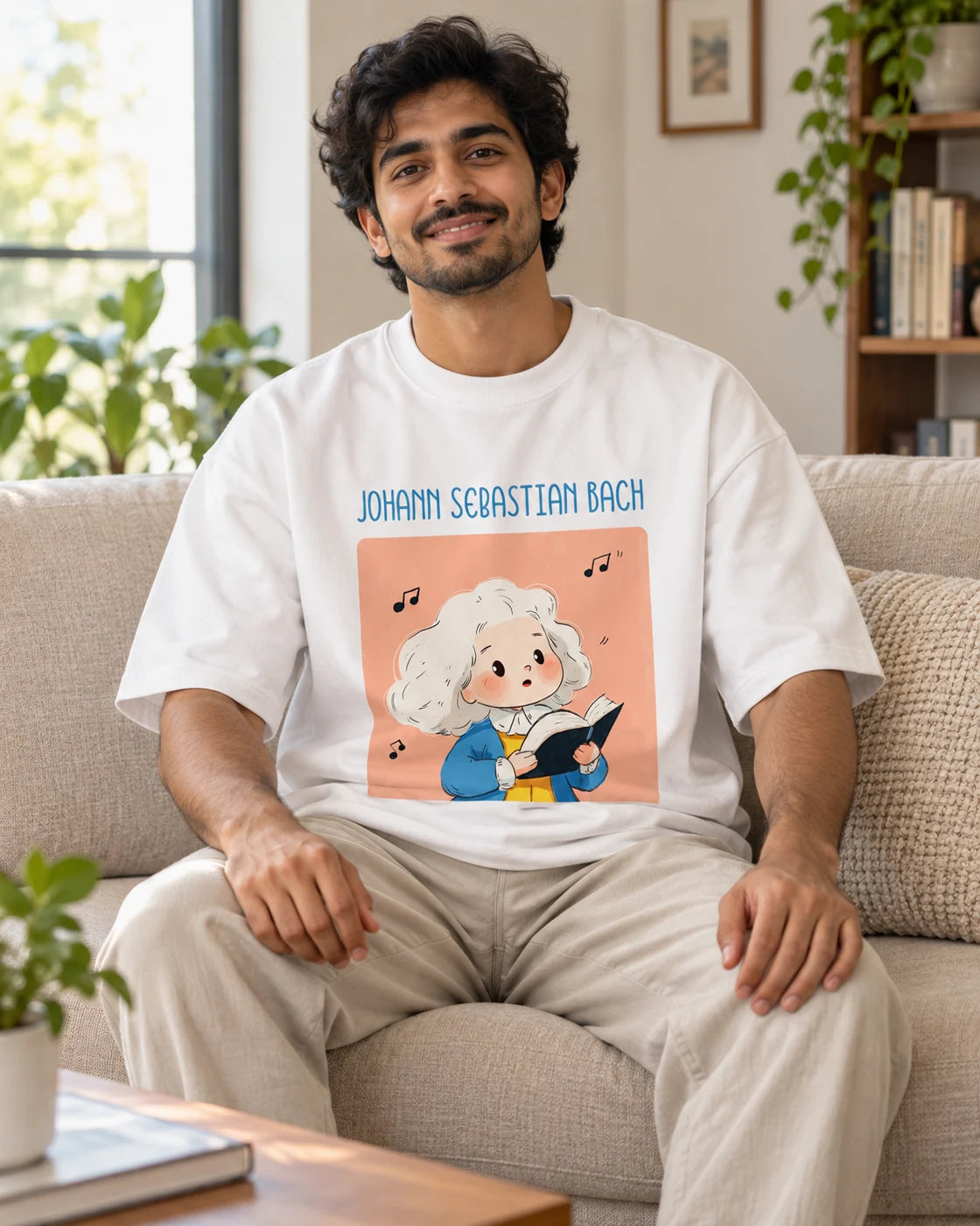 Model wearing the Johann Sebastian Bach Genius Doodles oversized French terry T-shirt by Fourth Dimension Club, seated on a sofa