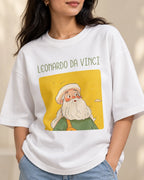 Close-up of the Leonardo da Vinci Genius Doodles print on an oversized French terry T-shirt