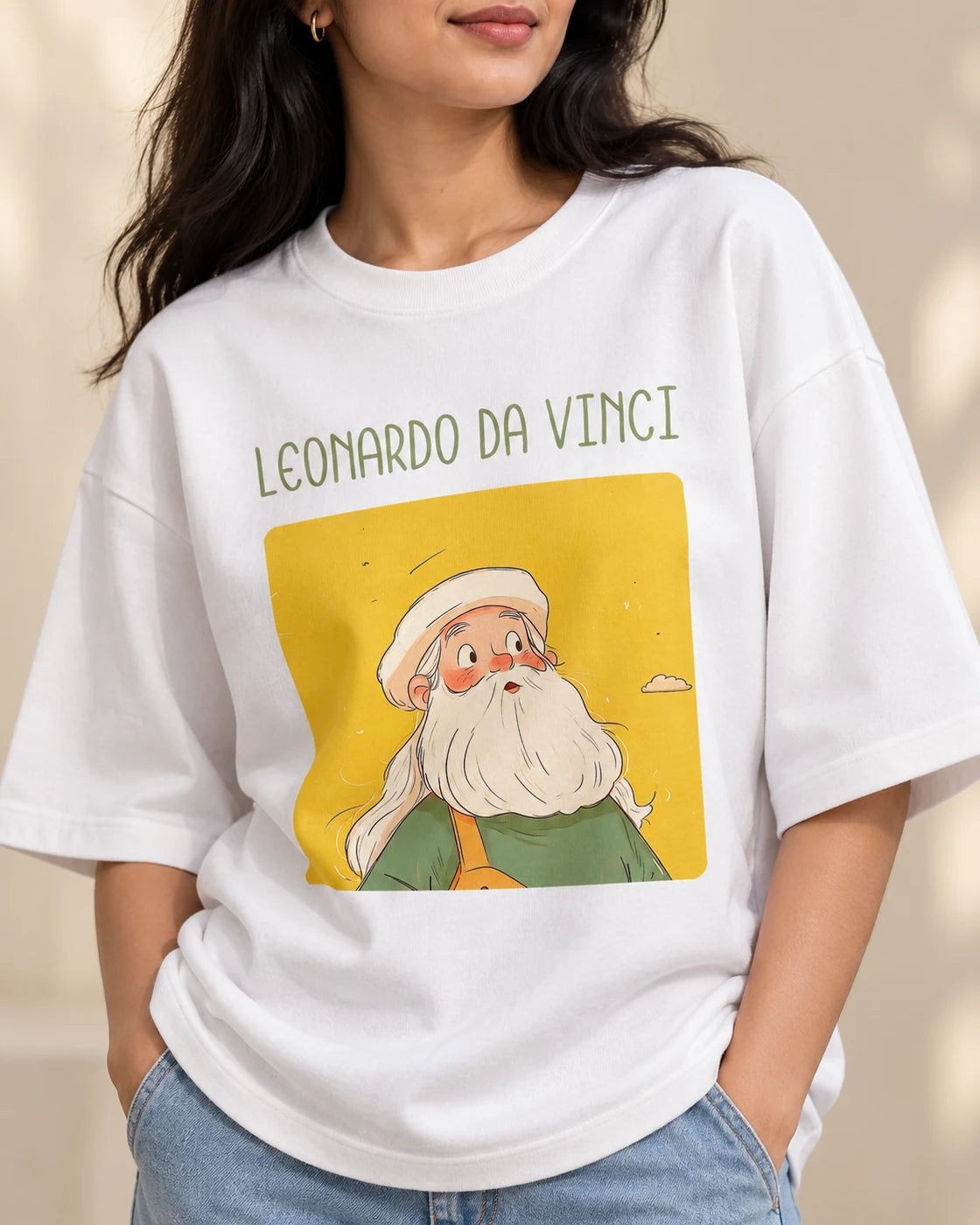 Close-up of the Leonardo da Vinci Genius Doodles print on an oversized French terry T-shirt