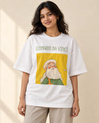 Leonardo da Vinci Genius Doodles oversized French terry T-shirt by Fourth Dimension Club, front view on model