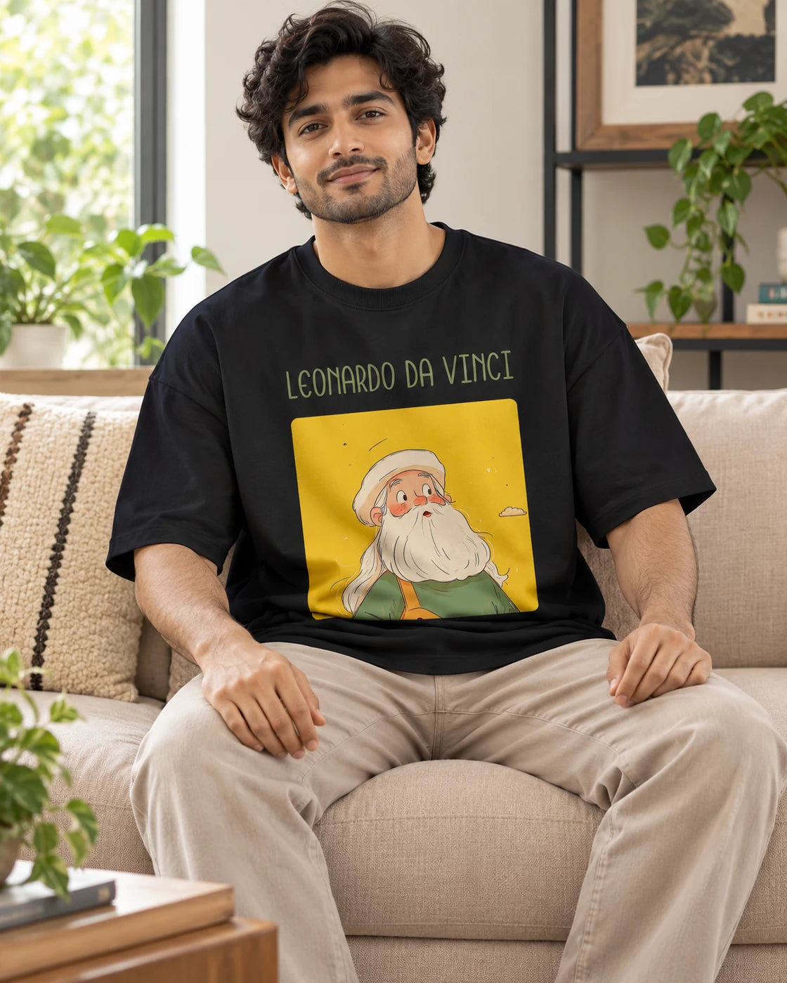 Model wearing the Leonardo da Vinci Genius Doodles oversized French terry T-shirt by Fourth Dimension Club, seated on a sofa