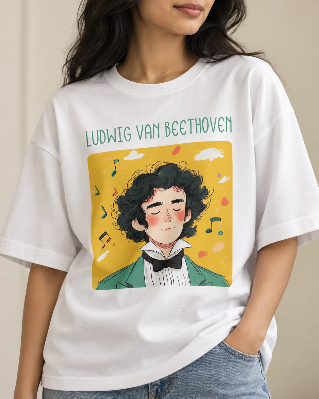 Close-up of the Ludwig van Beethoven Genius Doodles print on an oversized French terry T-shirt