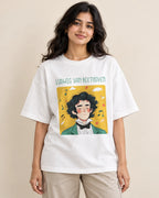 Ludwig van Beethoven Genius Doodles oversized French terry T-shirt by Fourth Dimension Club, front view on model