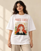 Marie Curie Genius Doodles oversized French terry T-shirt by Fourth Dimension Club, front view on model