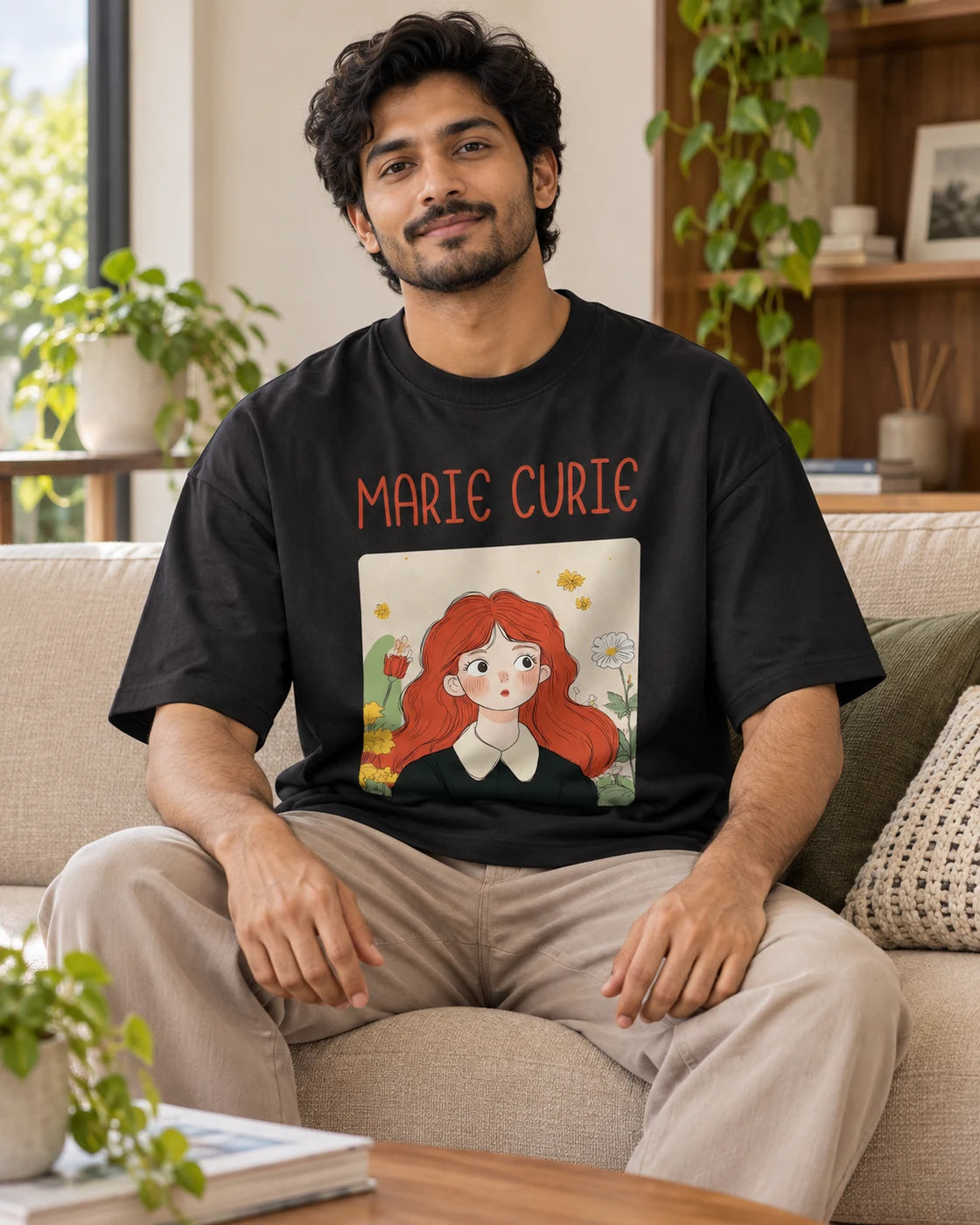Model wearing the Marie Curie Genius Doodles oversized French terry T-shirt by Fourth Dimension Club, seated on a sofa