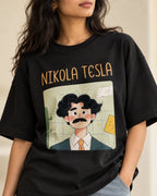 Close-up of the Nikola Tesla Genius Doodles print on an oversized French terry T-shirt