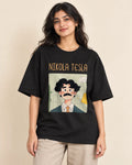 Nikola Tesla Genius Doodles oversized French terry T-shirt by Fourth Dimension Club, front view on model