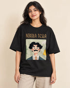 Nikola Tesla Genius Doodles oversized French terry T-shirt by Fourth Dimension Club, front view on model