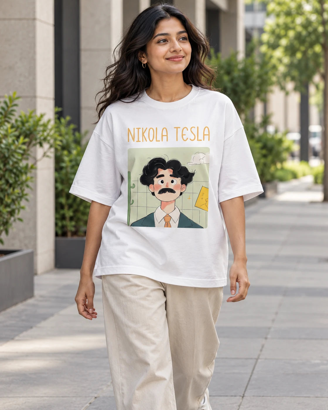 Model wearing the Nikola Tesla Genius Doodles oversized French terry T-shirt by Fourth Dimension Club on a city street