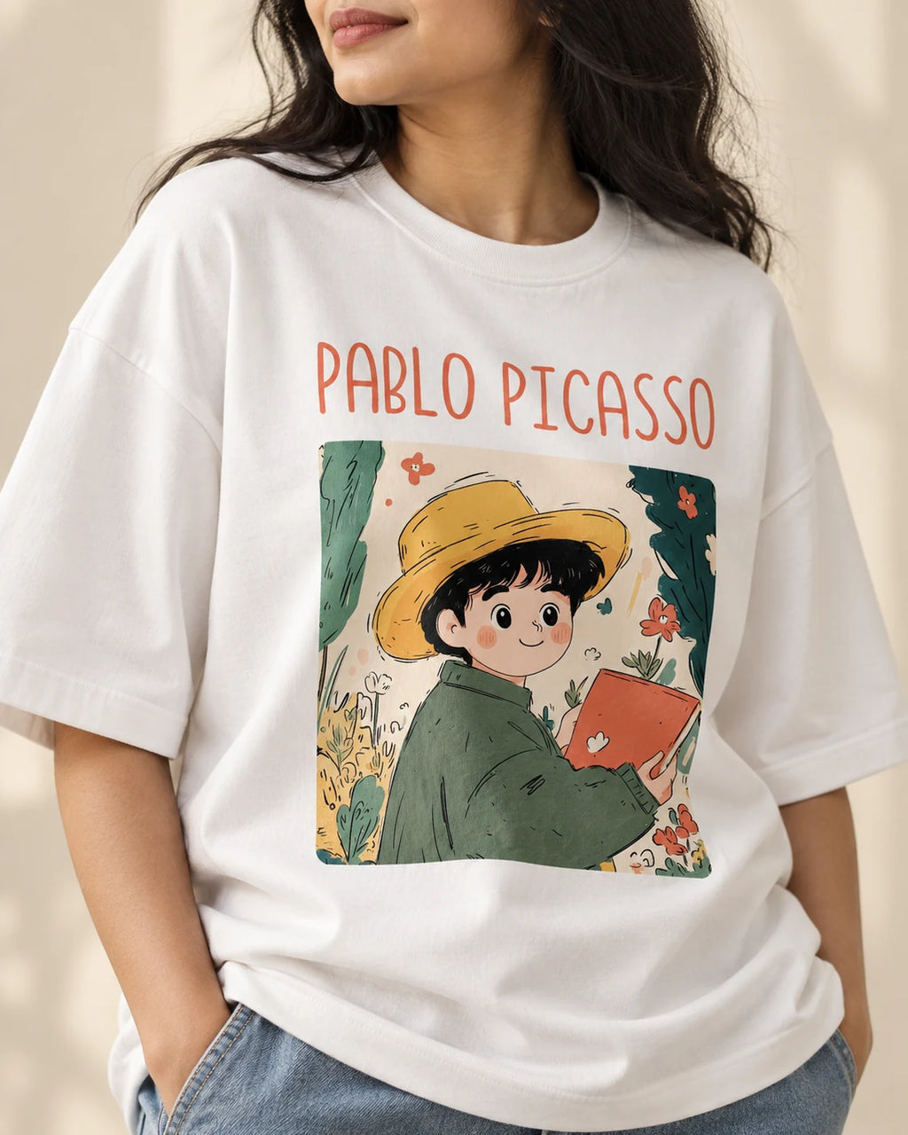 Close-up of the Pablo Picasso Genius Doodles print on an oversized French terry T-shirt
