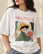 Close-up of the Pablo Picasso Genius Doodles print on an oversized French terry T-shirt