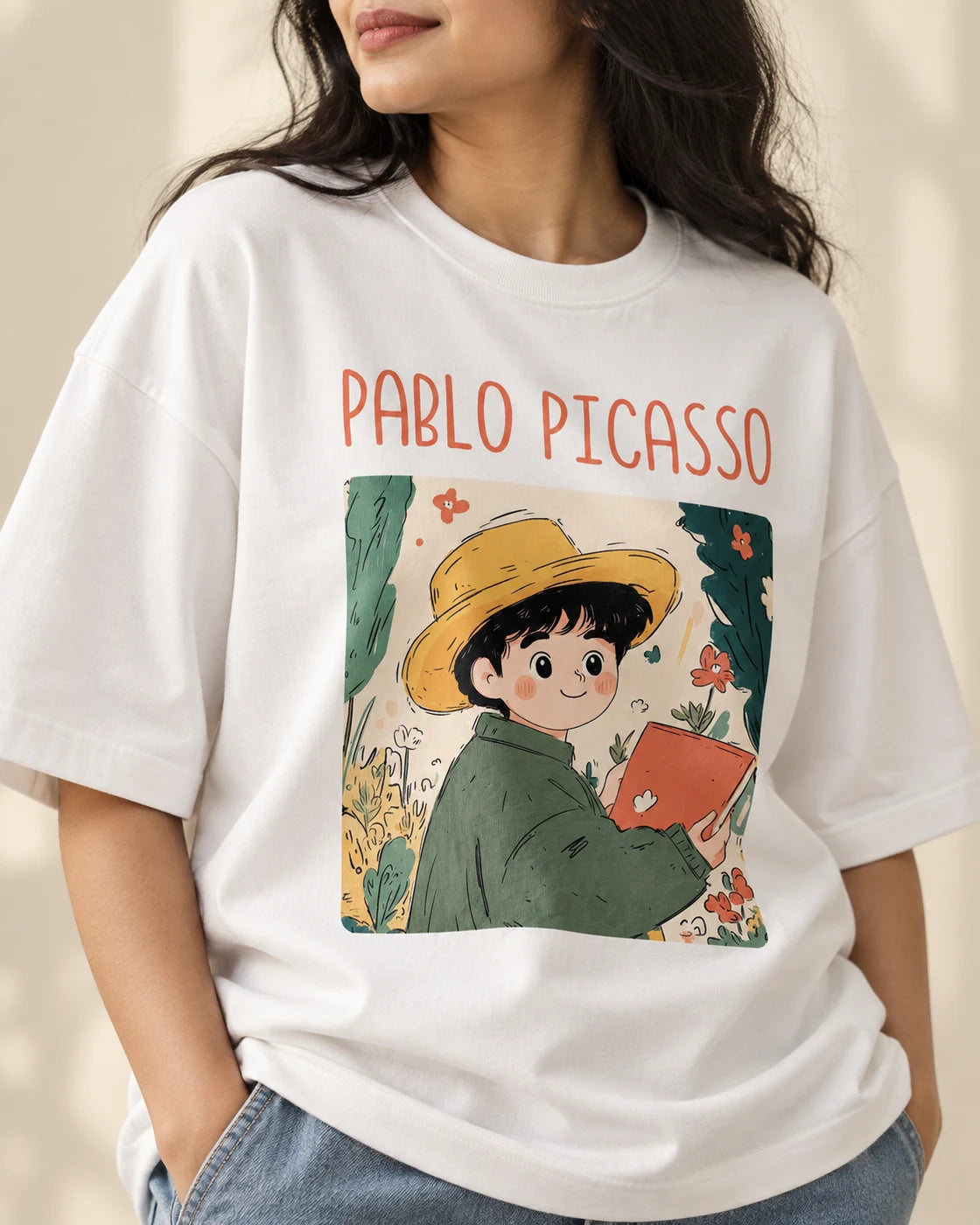 Close-up of the Pablo Picasso Genius Doodles print on an oversized French terry T-shirt
