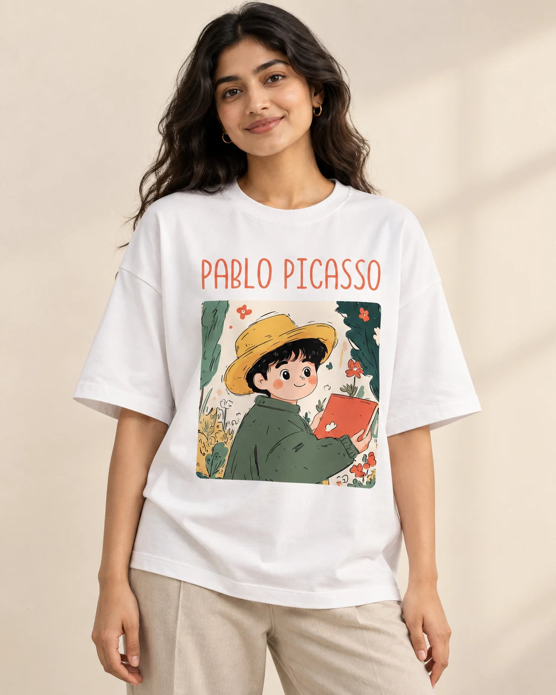 Pablo Picasso Genius Doodles oversized French terry T-shirt by Fourth Dimension Club, front view on model