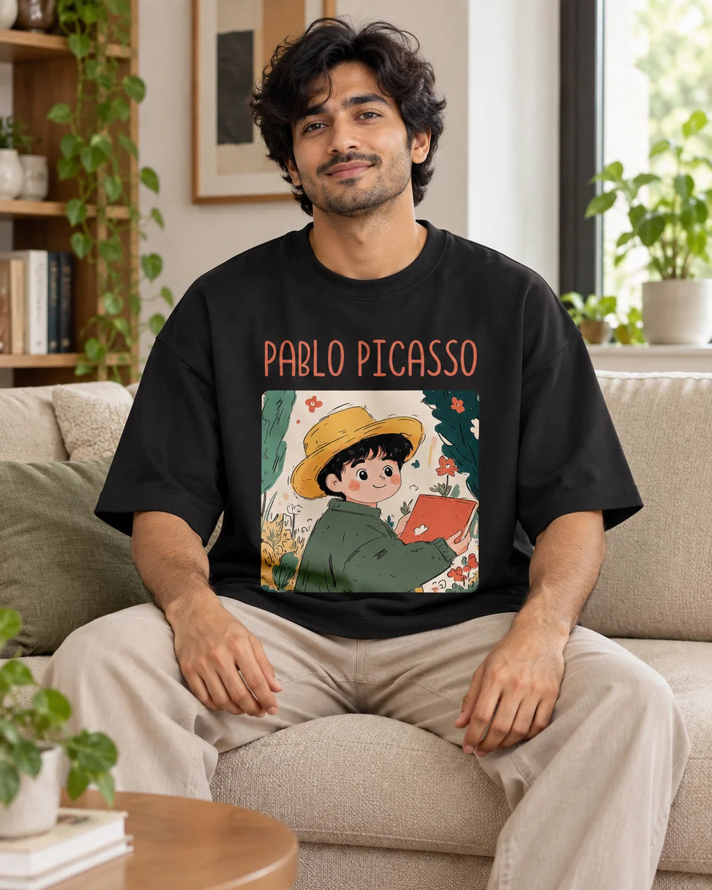 Model wearing the Pablo Picasso Genius Doodles oversized French terry T-shirt by Fourth Dimension Club, seated on a sofa