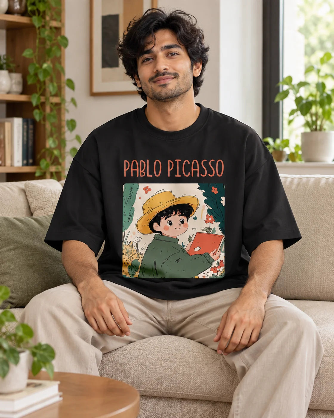 Model wearing the Pablo Picasso Genius Doodles oversized French terry T-shirt by Fourth Dimension Club, seated on a sofa