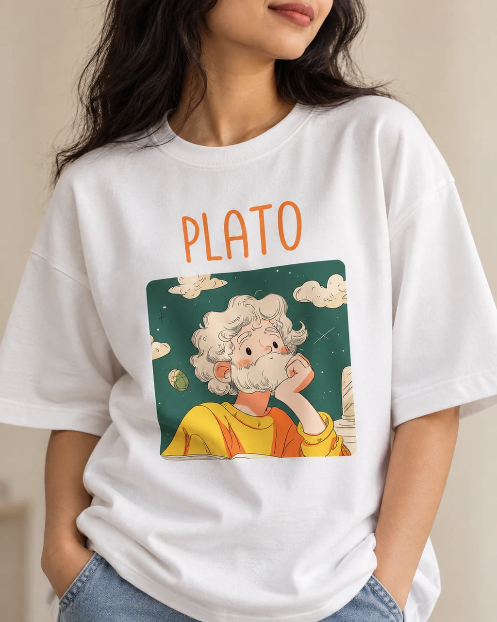Close-up of the Plato Genius Doodles print on an oversized French terry T-shirt