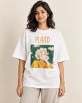 Plato Genius Doodles oversized French terry T-shirt by Fourth Dimension Club, front view on model