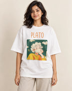 Plato Genius Doodles oversized French terry T-shirt by Fourth Dimension Club, front view on model