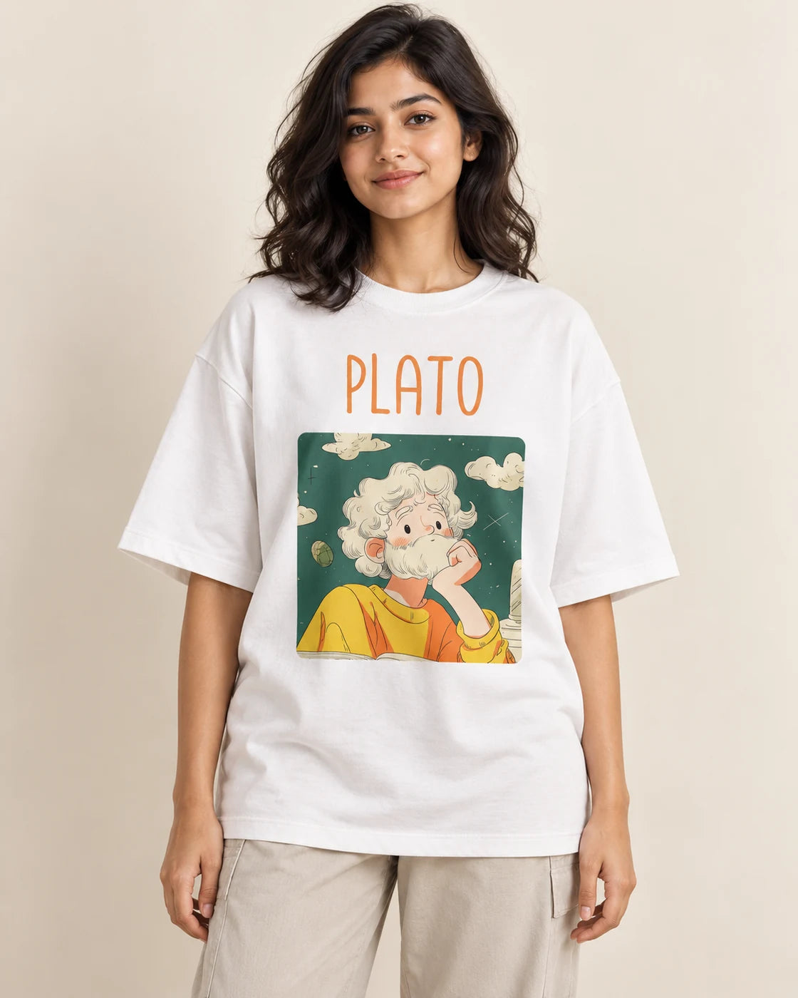 Plato Genius Doodles oversized French terry T-shirt by Fourth Dimension Club, front view on model