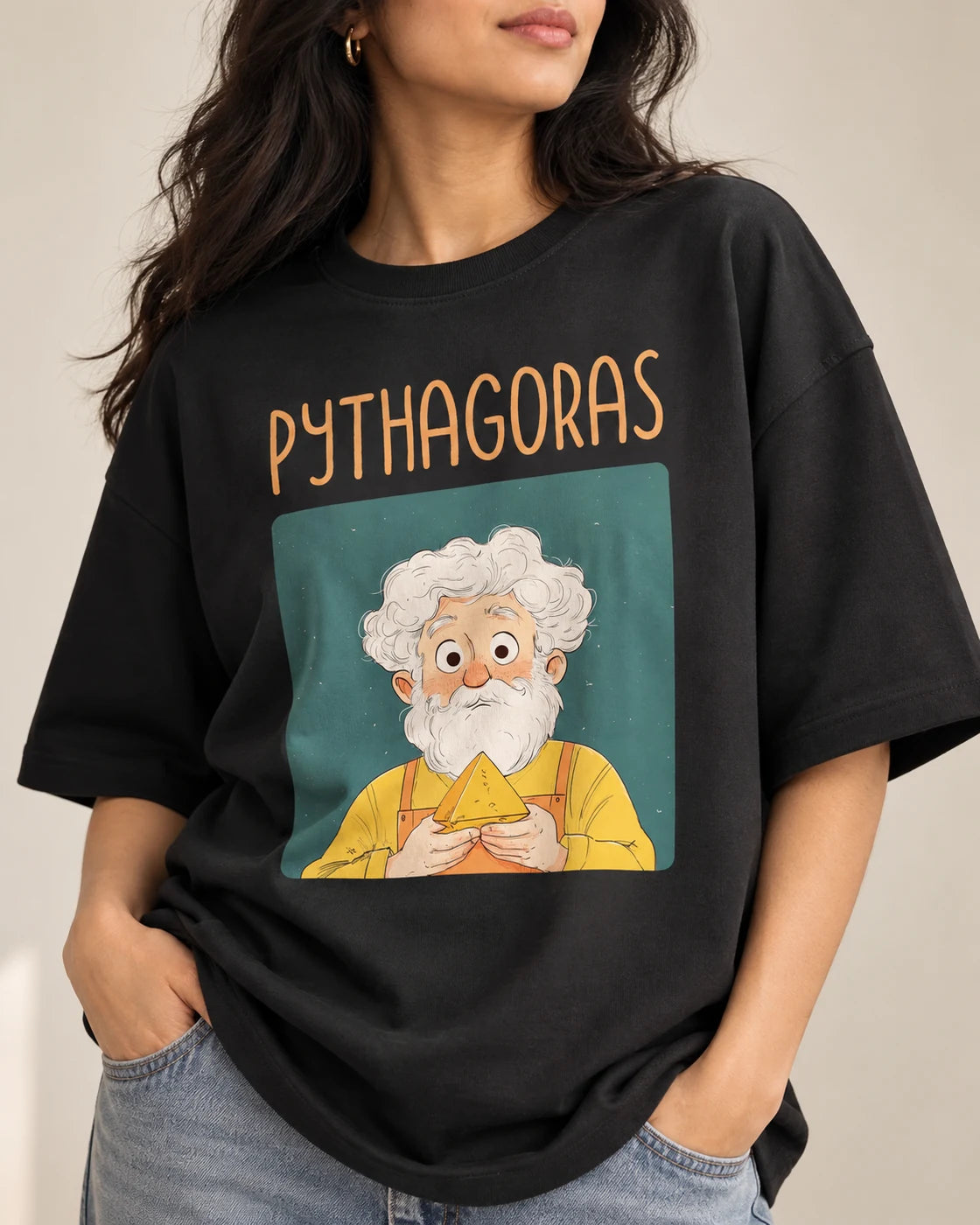 Close-up of the Pythagoras Genius Doodles print on an oversized French terry T-shirt